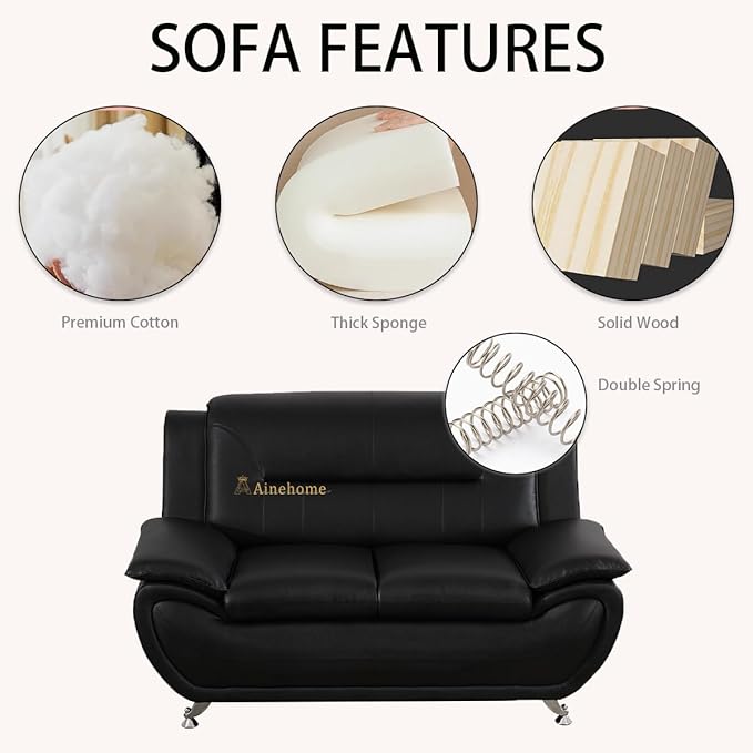 A Ainehome Sectional Sofa Sets Living Room Furniture Sets Modern Faux Leather Sofa Couch 5-Seat Sofa for Living Room(A-Black Sofa+Loveseat)
