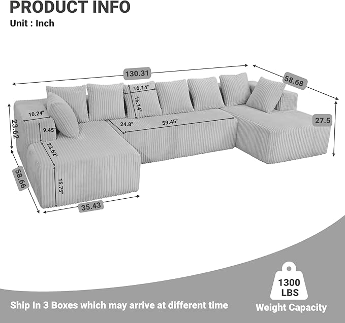 130 Modular Sofa Couch Convertible Sleeper Sofa Corduroy Sectional Sofa for Living Room Modern Cloud Couch with Deep Seat Chaise Comfy Oversize 4-6 Seat No Assembly (Gray)