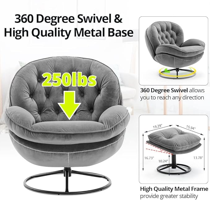 Velvet Swivel Accent Chair with Ottoman Set Modern Lounge Chair with Metal Base Frame &amp Footrest Comfortable Single Leisure Sofa Chair Reading Chair with 360 Degree Swiveling for Living Room Gr