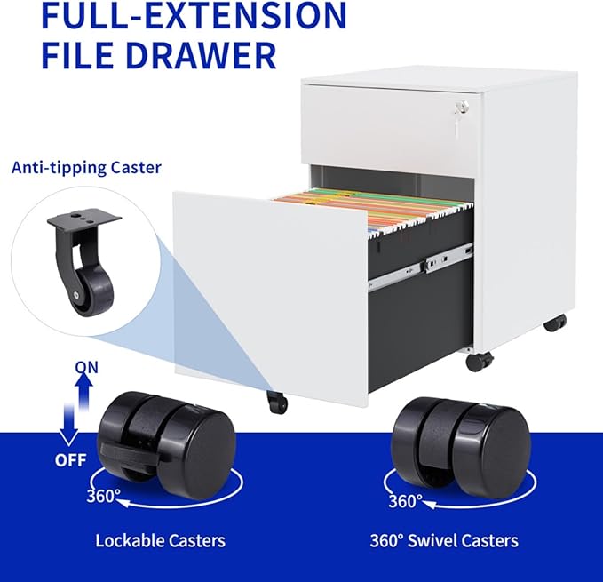 Mobile File Cabinet with Lock 2 Drawer Steel Filing Cabinet for Legal/Letter/A4/F4 Files Fully Assembled Except Wheels Cold-Rolled Metal Full Extension Drawers (White 1-2 Drawers)