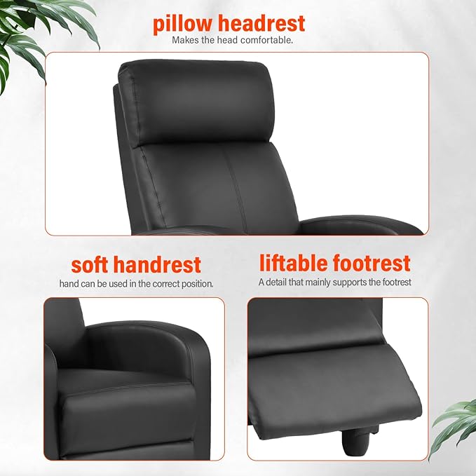 Recliner Chair PU Leather Massage Single Sofa Home Theater Seating Breathable Padded Reading Sofa with Footrest for Bedroom Living RoomBlack