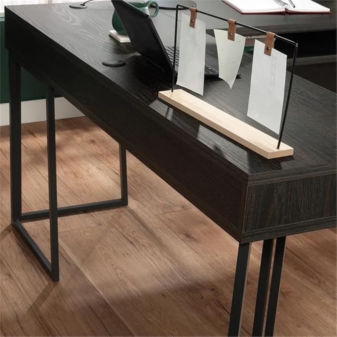 Pemberly Row Contemporary L-Shaped Computer Desk Engineered Wood and Metal Brew Oak Finish 57.48 in W 2 Drawers Cubbyhole Storage Cord Management Home Office Workstation