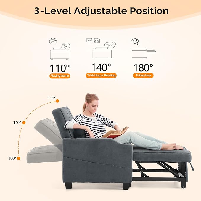 VINGLI Dark Grey 3-in-1 Convertible Futon Sofa Bed Pull Out Couch Bed Adjustable Recliner Chair with USB Ports Cup Holders Side Pockets for Living Room Bedroom Small Spaces