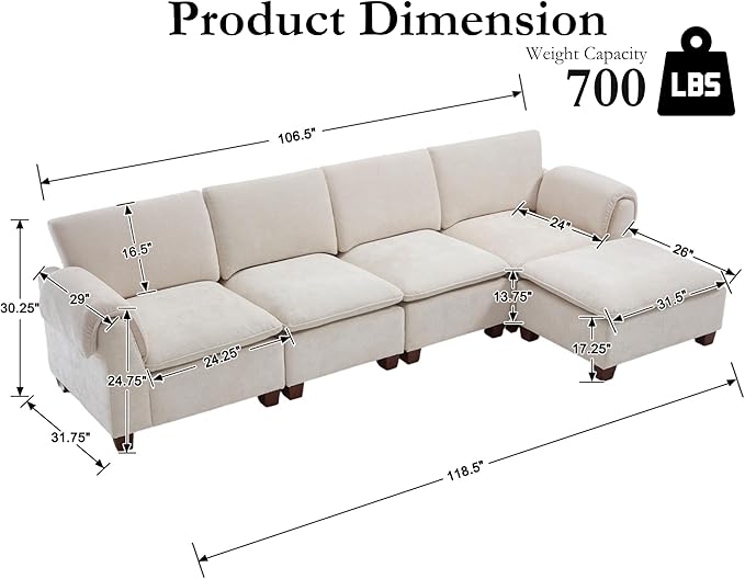 VESCASA Modern Sectional Sofa with Ottoman 106.5 Inch Modular Cloud Couch 4 Seat L Shaped with Waterfall Armrest Cushion Back for Living Room Apartment White Chenille