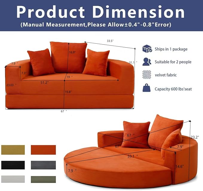 67 Round Convertible Folding Sofa Bed Boneless Couch Loveseat Floor Sleeper Chaise Lounge for Living Room Apartment Dorm Small Spaces Orange