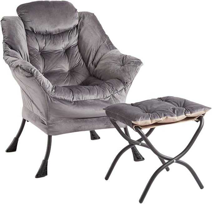 GarveeHome Lazy Chair with Ottoman Modern Lounge Accent Chair Leisure Sofa Armchair with Footrest Reading Armchair with Side Pocket for Living Room Bedroom Dorm &amp Office (Dark Grey 1PCS)