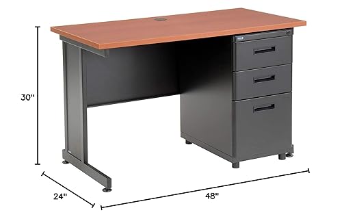 Global Industrial 48 W x 24 D x 30 H Office Pedestal Desk with 3 Drawers Faux-Wood Laminate Cherry Desktop Black Steel Frame 2 Box Drawers &amp 1 File Drawer