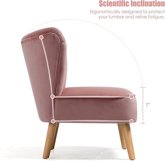 S AFSTAR Armless Accent Chair Velvet Modern Chair with Rubber Wood Legs and Thick Sponge Seat Upholstered Leisure Wingback Sofa Chair for Living Room for Bedroom Living Room (1 Pink)