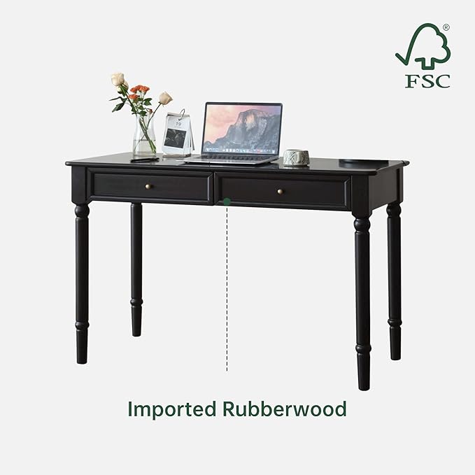 Solid Wood Computer Desk with Double Drawers Black Vintage Rubber Wood Writing Desk for Home Office 47.2