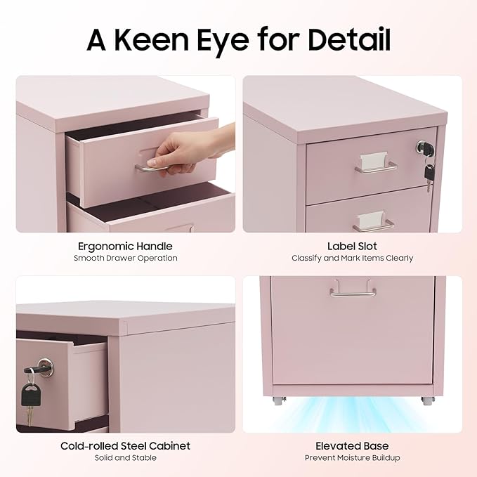 3 Drawer Mobile File Cabinet with Lock Metal Filing Storage Vertical Cabinets for Secure Office Storage Home Organization and Classroom Use Mobile Filing Drawer for Students and Professionals