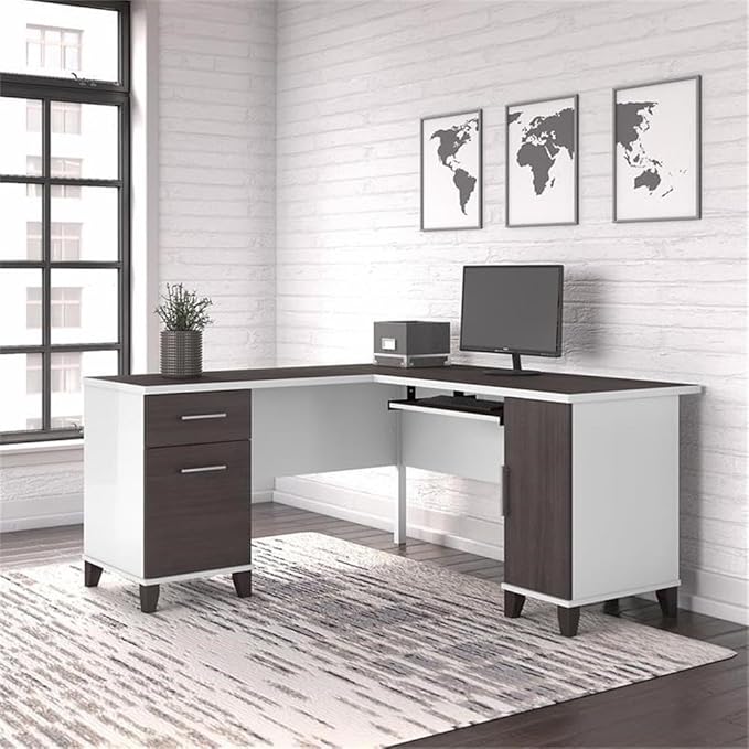 Pemberly Row 60W L Shaped Desk Engineered Wood White &amp Storm Gray Finish Corner Desk with Storage Pull-Out Tray Adjustable Shelf File Drawer Home Office Computer Desk