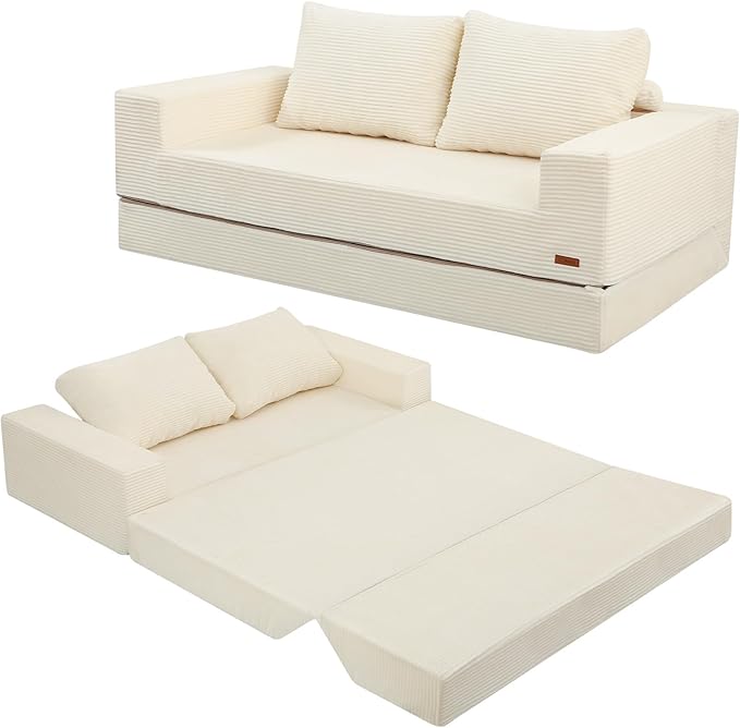 COMAX Convertible Sofa Bed Queen Folding Floor Couch Corduroy Boneless Sofa Pull Out Couch Bed Futon Sleeper with Pillows Fold Out Comfy Lounge Mattress Loveseat for Living Room Bedroom Beige