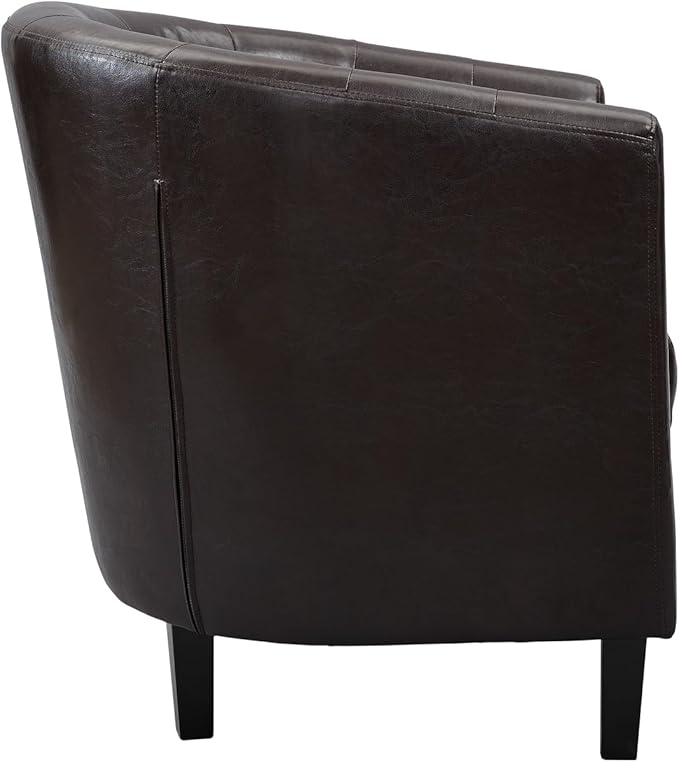 Naomi Home Emma Faux Leather Armchair Modern Tufted Barrel Accent Chair with Wooden Legs Wide Seat &amp Supportive Back for Living Room Bedroom or Office - Espresso