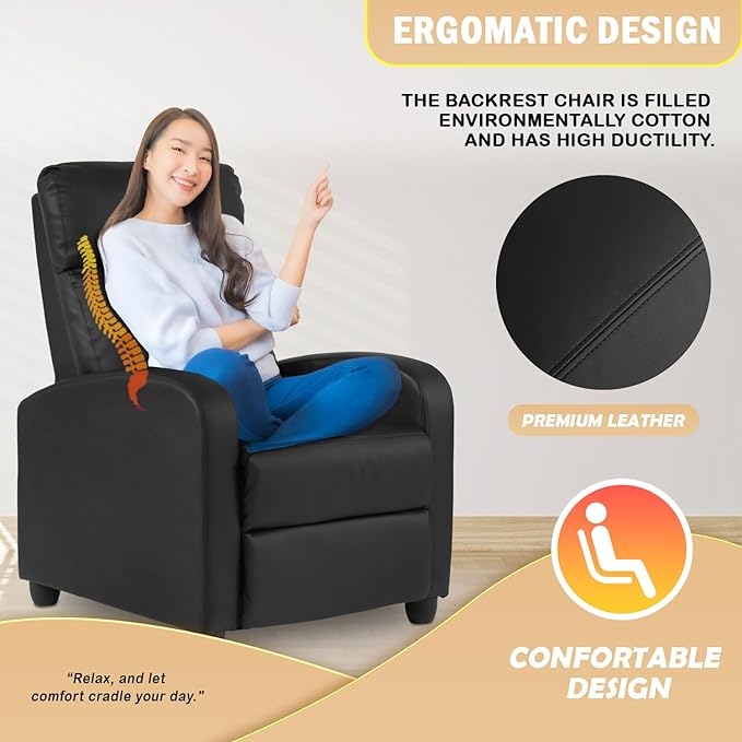 PayLessHere Recliner Chair Single Reclining Sofa Home Theater Seating with Lumbar Support and Padded Backrest for Living Room and Bedroom (Leather Black)