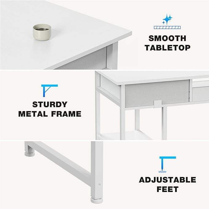 OLIXIS Computer Desk with 3 Drawers Study Writing Table with Storage Bag Headphone Hook Adjustable Feet for Home Office Small Spaces
