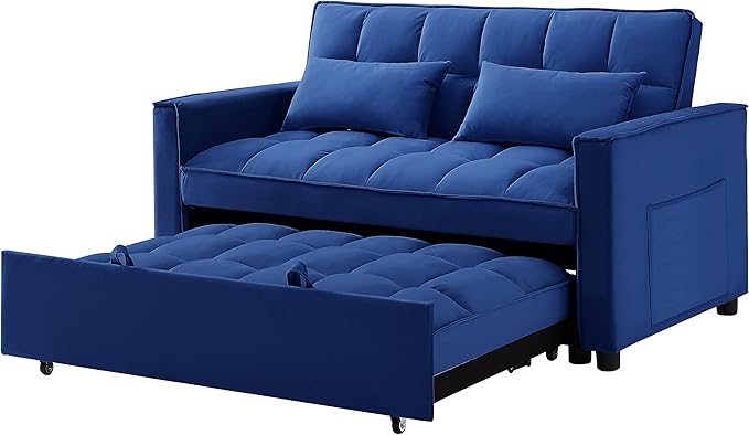 55.2'' Pull Out Couch 2-Seater Sleeper Loveseat 3-in-1 Reclining Sofa Bed Futon Adjustable Backrest with Pillows Pockets Couch for Living Room Apartment Lounge Blue