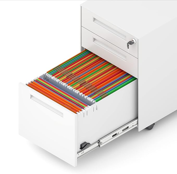 3-Drawer Rolling File Cabinet Metal Mobile File Cabinet with Lock Filing Cabinet Under Desk fits Legal/Letter/A4 Size for Home/Office Fully Assembled Except Wheels (White)