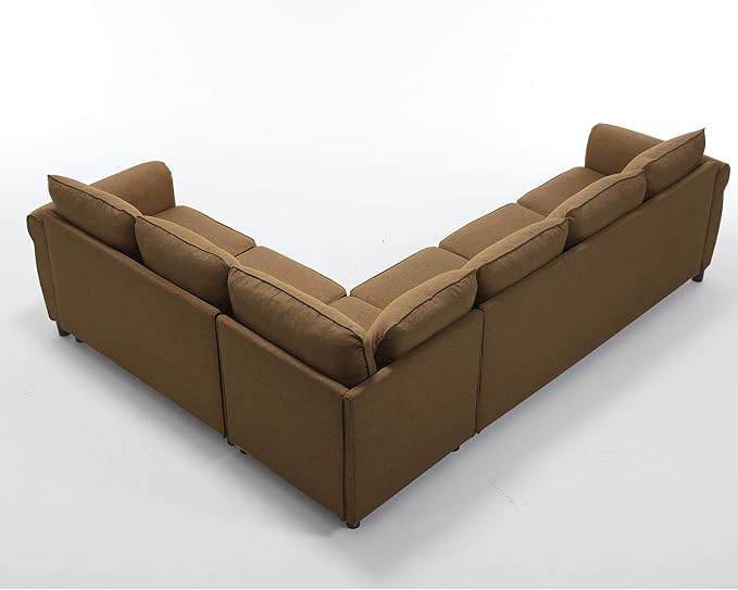 TTK 104 L-Shaped Convertible Sectional Sofa Bed 6-Seater with Pull Out Queen Size Daybed Memory Foam Mattress &amp Arms Easy Assembly Riveted Sofa for Living Room Brown