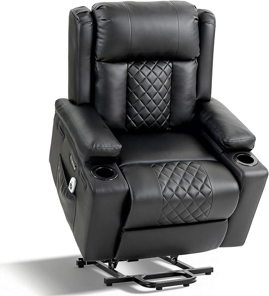 Power Lift Recliner Chair for Elderly with Vibration Massage and Lumbar Heating Electric PU Leather Single Sofa with Cup Holders and USB &amp Type C Ports for Living Room Black