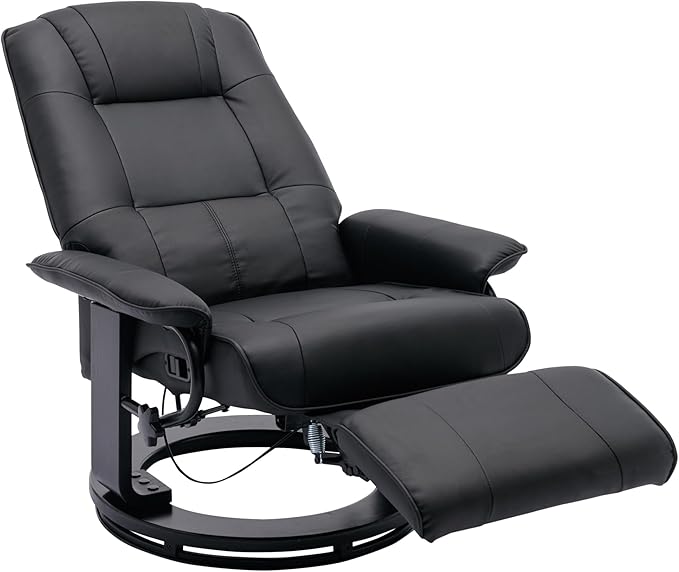 Faux Leather Manual ReclinerAdjustable Swivel Lounge Chair with FootrestCan Rotate 360 DegreesL-Right Angle Curved Wooden Frame Armrest and Wrapped Wood Base for Living RoomBlack