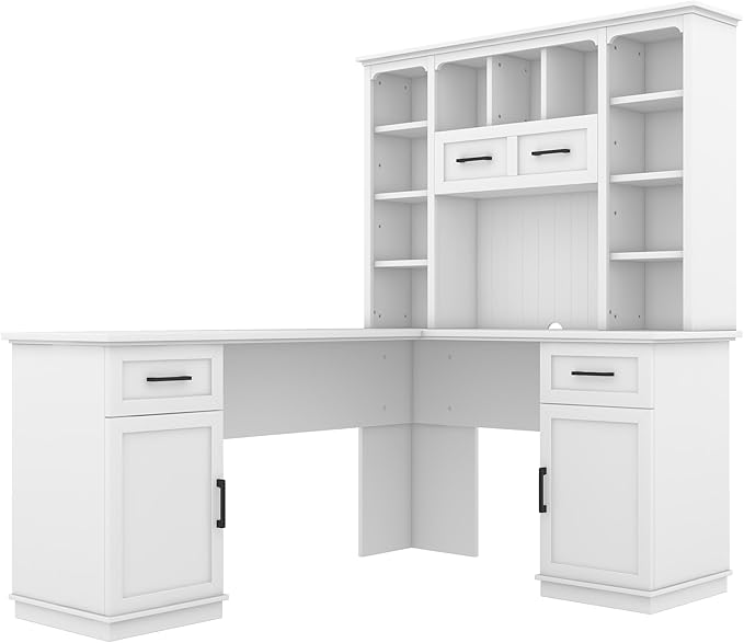 L-Shaped Executive Desk Writing Desk Office Study Workstation with Storage Cabinets and Bookcases Wood Home Office Computer Desk for Living Room Study Room (White-11.8)
