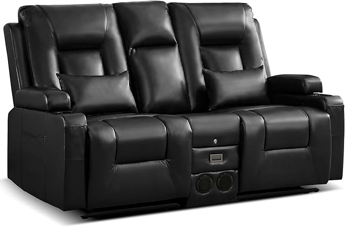 URRED Manual Reclining Loveseat Sofa with Console Double Recliner RV Couch with Bluetooth Speakers USB &amp Power Outlet Cup Holders Pillow and Side Pocket for Home Theater Faux Leather Black