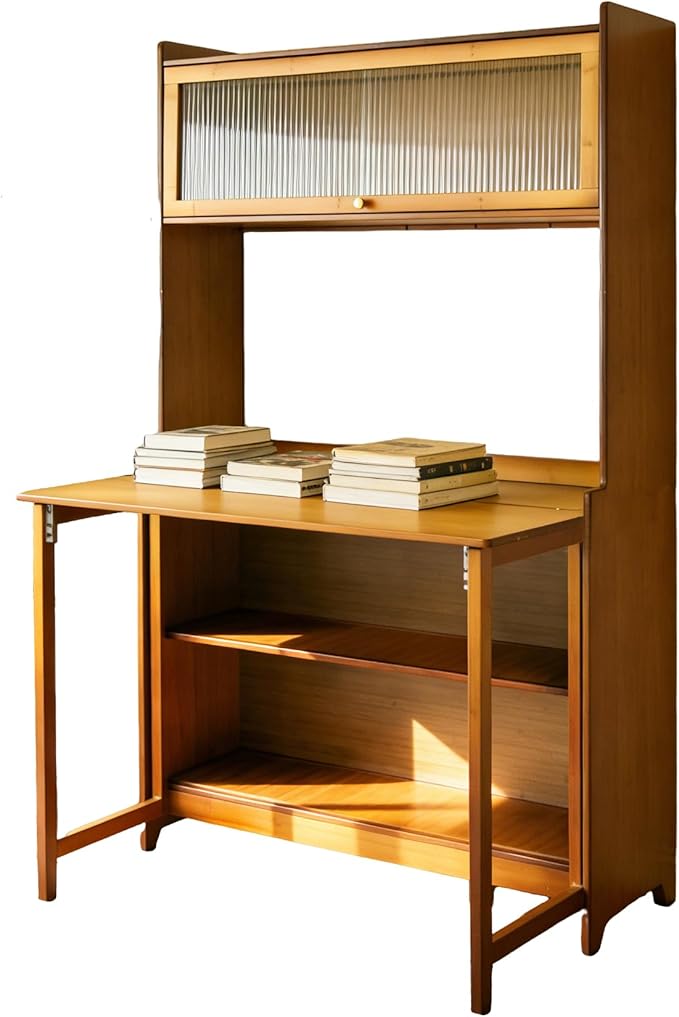 Folding Desk with Hutch and Storage Bamboo Space Saving Writing Table Multi-Functional Workstation for Bedroom Living Room Study Office (Wood)