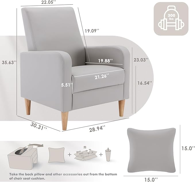 COLAMY Mid-Century Modern Upholstered Accent Chair with Back Pillow &amp Solid Wood Legs Leather Cozy Armchair for Living Room Bedroom Reading Nook Apartment &amp Small Spaces Lightgrey