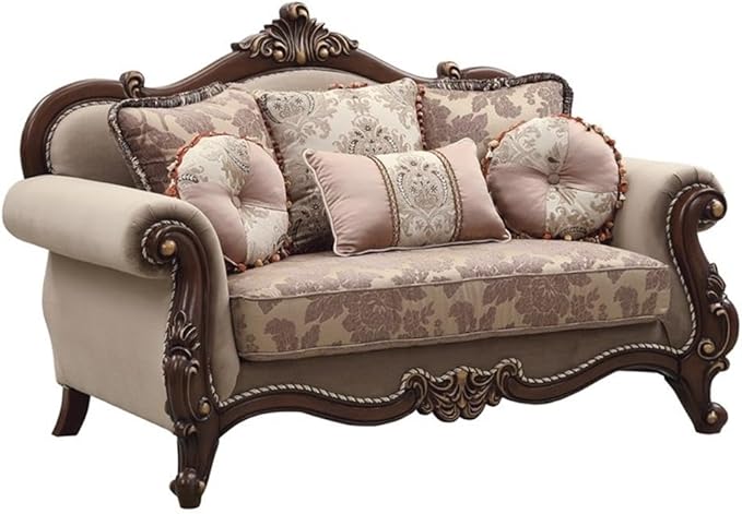 Acme Mehadi Upholstery Rolled Arm Loveseat with Queen Leg in Walnut