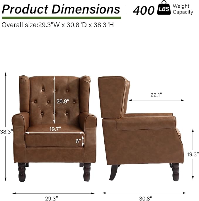 Accent Chair Upholstered Armchair with Button Tufted High Back &amp Solid Wood Legs Comfy Wingback Reading Single Sofa Chair for Small Spaces Living Room Bedroom (Leather Brown Set of 2)