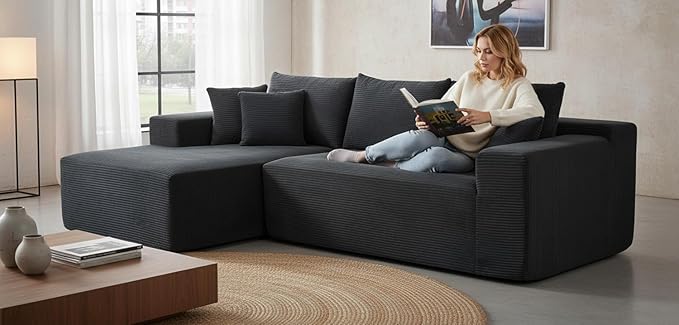 Ridge 2-Piece Convertible Corduroy L-Shaped Sofa in a Box with Pillows 3-Seater Modular Sectional Couch Compressed Living Room Furniture Black (Left Facing)