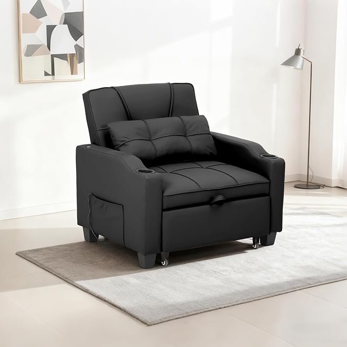 Convertible Sleeper Chair Pull Out Bed Single Sofa Recliner with Vibration Massage Lumbar Pillow USB/Type-c Ports Cup Holders &amp Side Pocket