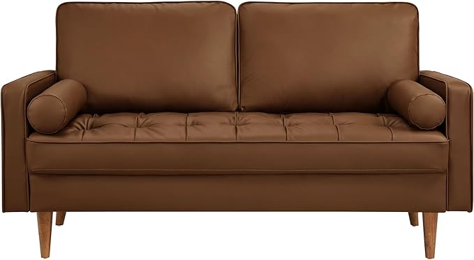 Modway Valour 62 Inch Faux Leather Loveseat in Brown – Wide Faux Leather Loveseat Sofa with Wood Legs - Small 2-Seater Sofa with Tufted Seat for Living Room or Office
