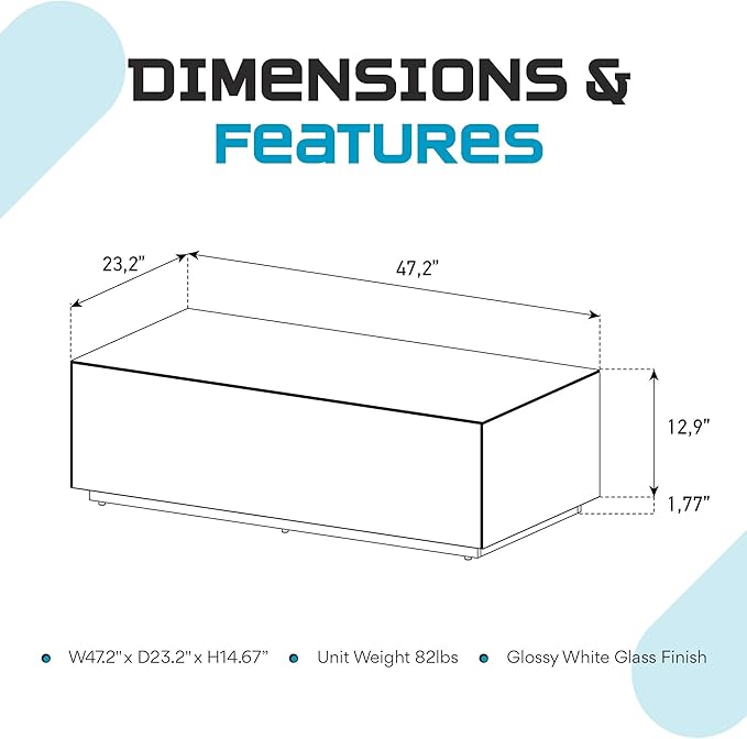 SONOROUS Premium Tempered Glass Coffee Table - Modern White Rectangular Coffee Tables for Living Room - High Gloss Fingerprint Resistant Mid Century Design - Stylish Living Room Furniture &amp Décor