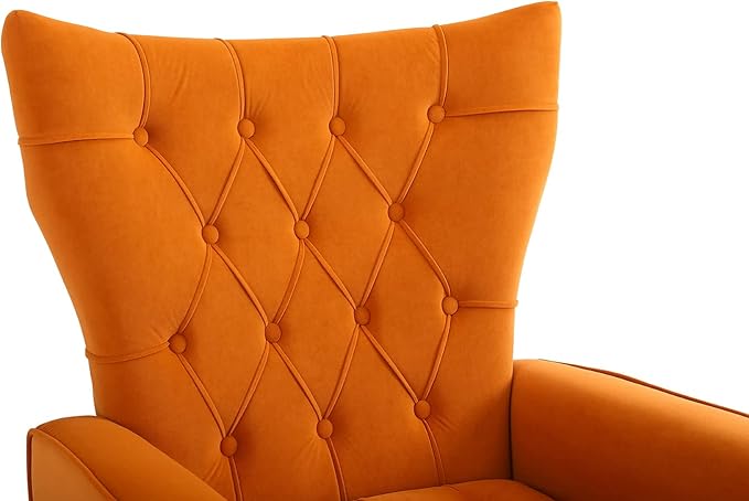 Velvet Accent Chair with Ottoman Comfy Tufted Armchair with Gold Metal Legs Modern Upholstered Wingback Chair with Footrest Set for Living Room Bedroom Lounge Office Orange