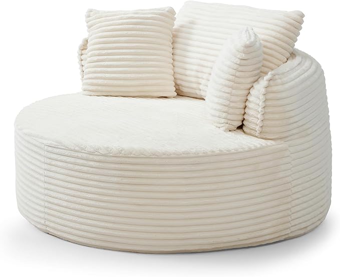 Antetek 53-inch Round Chaise Lounge Chair Indoor Modern Cloud Single Corduroy Couch with 3 Pillows Boneless Compressed Memory Foam Sofa Chair for Living Room Bedroom Apartment Beige