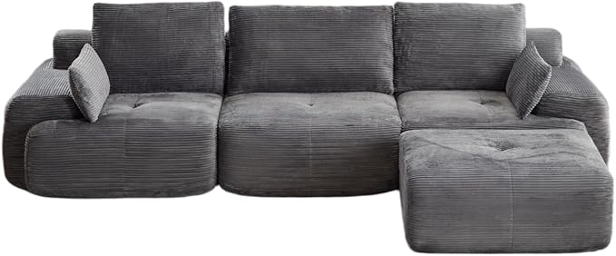 Modular Sectional Sofa Comfy Boneless Cloud Couch with Pillows Pet-Friendly Corduroy Fabric Sectional Couches for Living Room No Assembly Required (Grey 3 Seat)