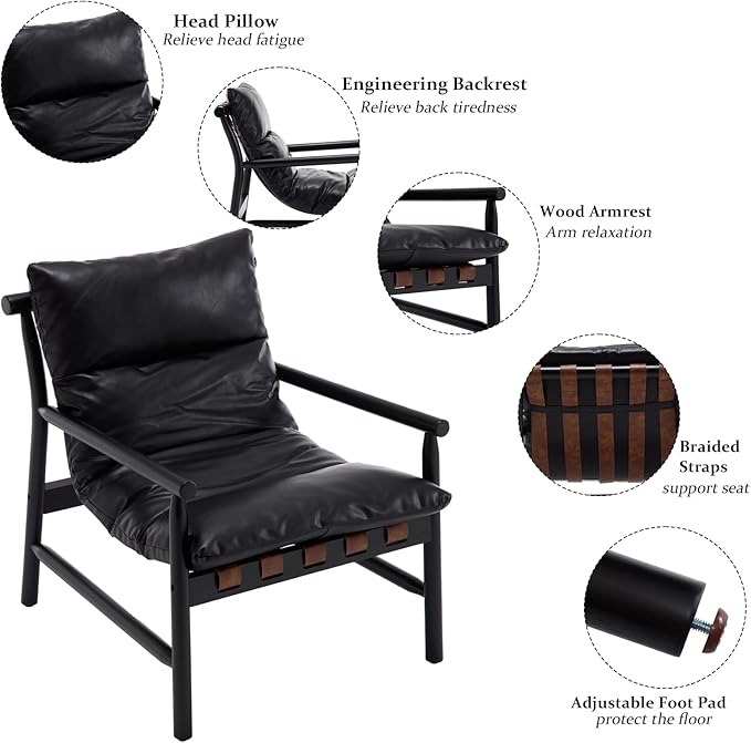 Kmax Modern Sling Accent Chair Upholstered PU Leather Living Room Chair Comfy Lounge Chair Solid Wood Frame Arm Chair for Bedroom Reading Room Black