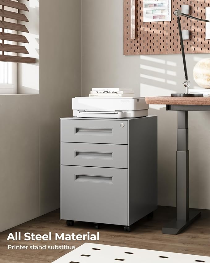 Dripex 3 Drawer File Cabinet Mobile File Cabinet with Lock on Wheels Letter/Legal Size Fully Assembled Modern Small Short Vertical Metal Rolling Filing Cabinets Under Desk for Home Office (Grey)