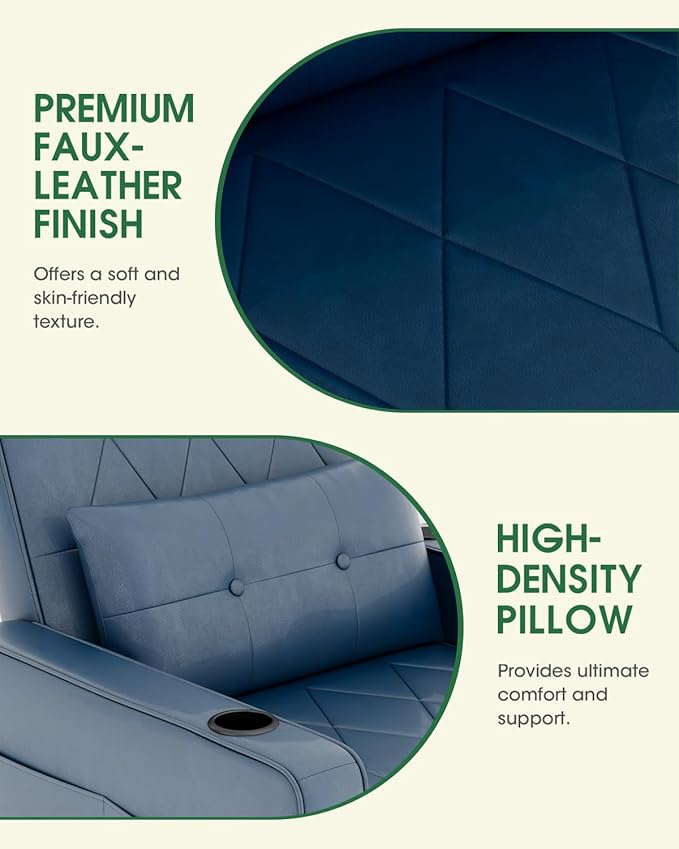 AILEEKISS 3 in 1 Convertible Sleeper Chair Bed Pull Out Leather Sofa Chair Bed with Cup HoldersUSB &amp Type C PortsSide Pockets Sleeper Single Sofa Couch for LivingroomApartmentOffice(Blue)