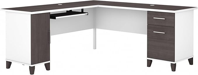 Bush Home Somerset 72W L Shaped Desk with Storage in White and Storm Gray 72-inch Large Corner Computer Table for Home Office Workspace