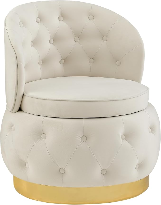 Hidden Storage Chair 360° Rotating Decorative Bucket Chair Modern Small Bedroom Living Room Office Waiting Room Velvet Sofa Beige