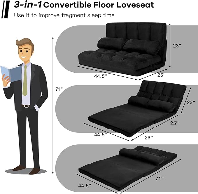 GOFLAME Convertible Floor Sofa 6-Position Couch With 2 Removable Pillows &amp Thick Sponge Cushion Adjustable Lazy Sofa Bed Load 330LBS for Living Room Bedroom Black