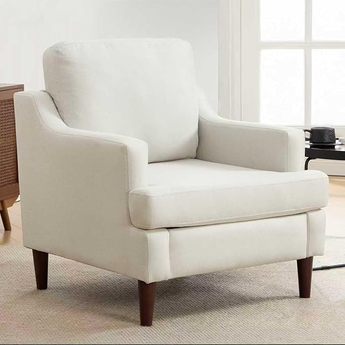 Mid-Century Accent Chair Modern Linen Fabric Armchair for Living RoomComfy Upholstered Reading Chairs for BedroomSingle Sofa Chair with Wood Legs (Linen Beige Set of 1)