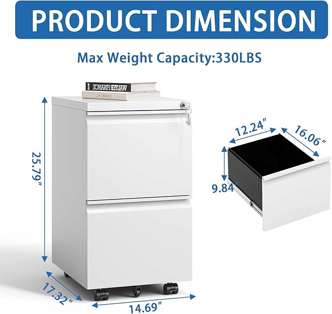 Rolling File Cabinet with Lock 2-Drawer Metal Mobile Filing Cabinet with Wheels for Store Documents Information Personal Belongings Fully Assembled Except Wheels White