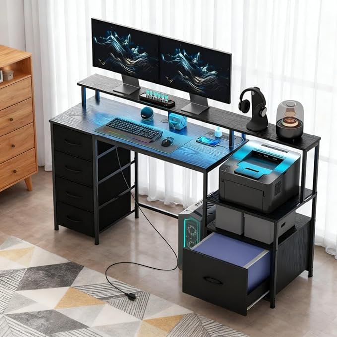 66.9'' Gaming Desk with 4 Fabric Drawers &amp File Cabinet Modern Computer Desk with Power Outlets and LED Lights Home Office Desk PC Desks for Home Office Study (Black)