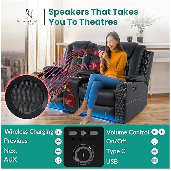 Chicago Home Theater Recliner Chair – Bluetooth Speakers Wireless Charging Power Recline Adjustable Headrest LED Lighting Cup Holders &amp Premium Faux Leather for Ultimate Comfort