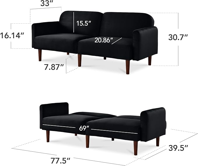 Best Choice Products 77 Mid Century Modern Velvet Loveseat Sofa Couch Convertible Sofa Sleeper Bed w/Real Wood Removable Armrest - Onyx Black