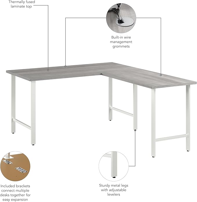 Bush Business Furniture Hustle 60W x 30D L Shaped Computer Desk with Metal Legs in Platinum Gray Modular Corner Table for Home and Professional Office