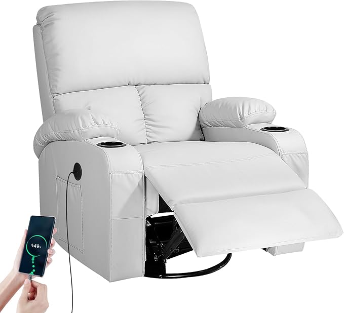 LEVELEVE Rocking Recliner Chair Massage Rocker Recliner Chair with Vibration Massage and Heat USB and Type-C Ports360° Swivel Faux Leather Chairs Living Room Bedroom Nursery RV Light Grey